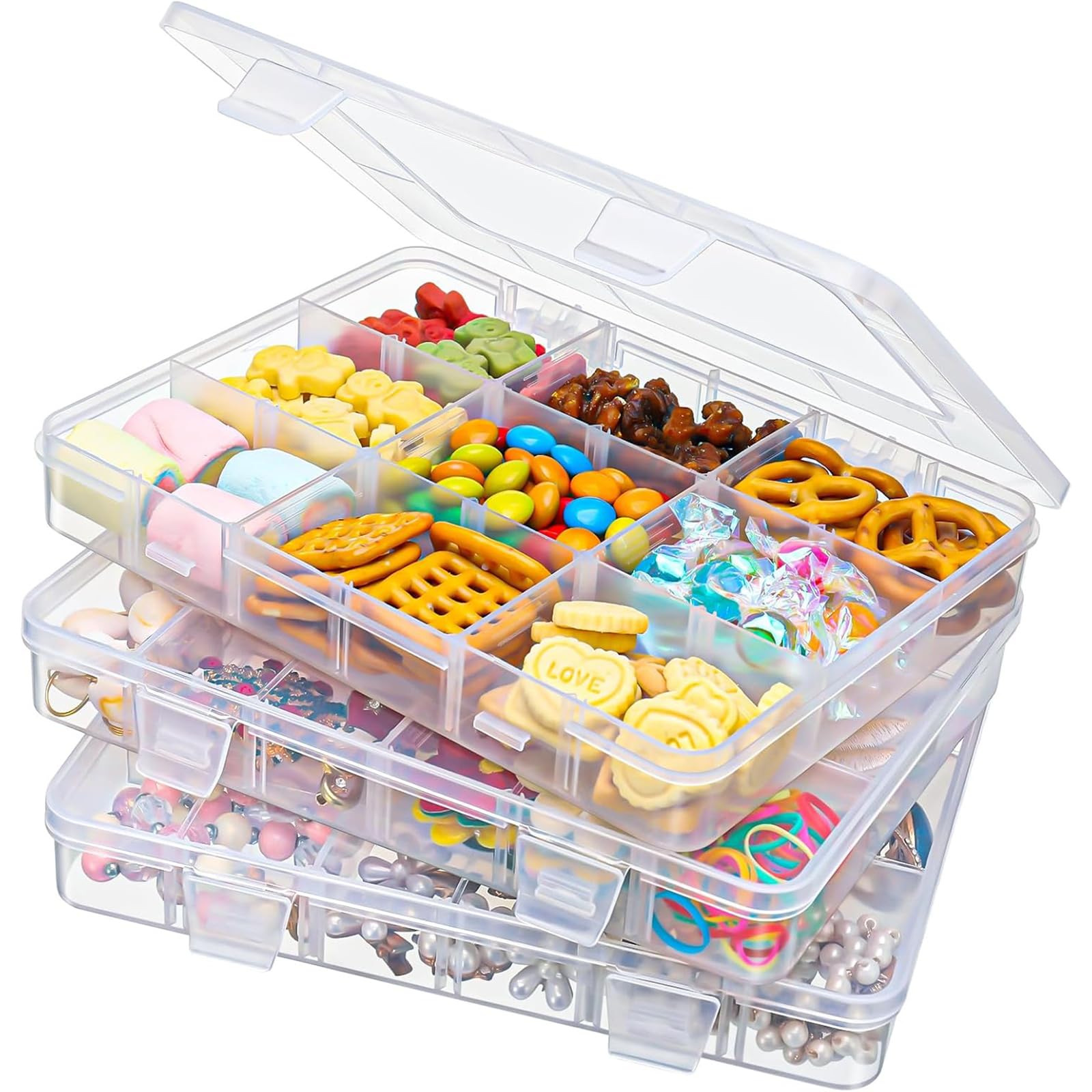 KufaerBeam 3 PCS Snack Boxes with Adjustable Dividers, Plastic Stackable Organizer Container with18 Removable Grids Compartments, Perfect for Jewelry, Cosmetics, Beads and Small parts