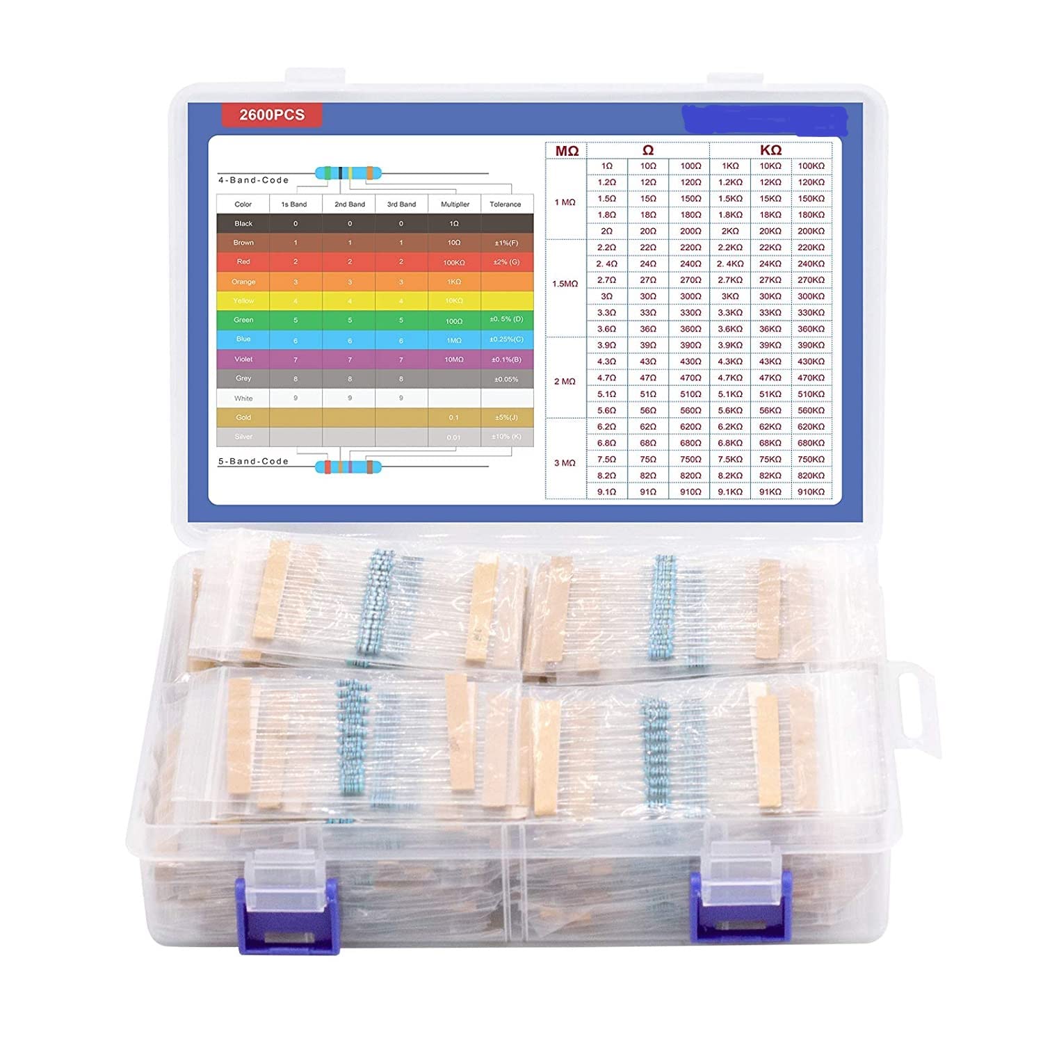 ARCELI 2600 Pieces 130 Values Resistor Kit, 1% Assorted Resistors 1 Ohm-3M Ohm 1/4W Metal Film Resistors Assortment with Storage Box for DIY Projects and Experiments