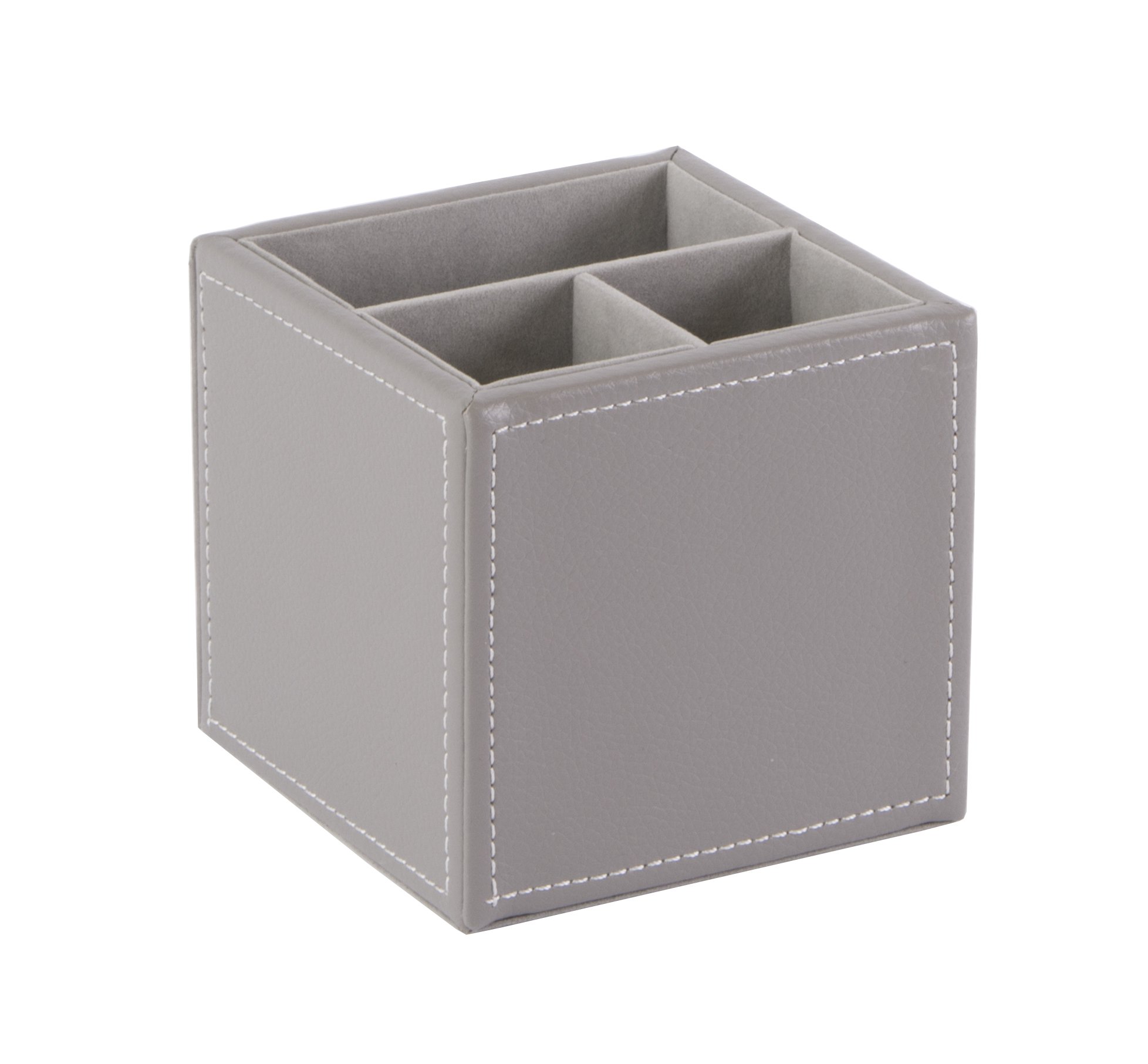 Osco Faux Leather Pen Pot, 3-Section Square Desk Tidy & Pencil Holder, Office Organiser & Makeup Brush Storage, Wipe-Clean Leather Finish, 10×10×10 cm, Grey