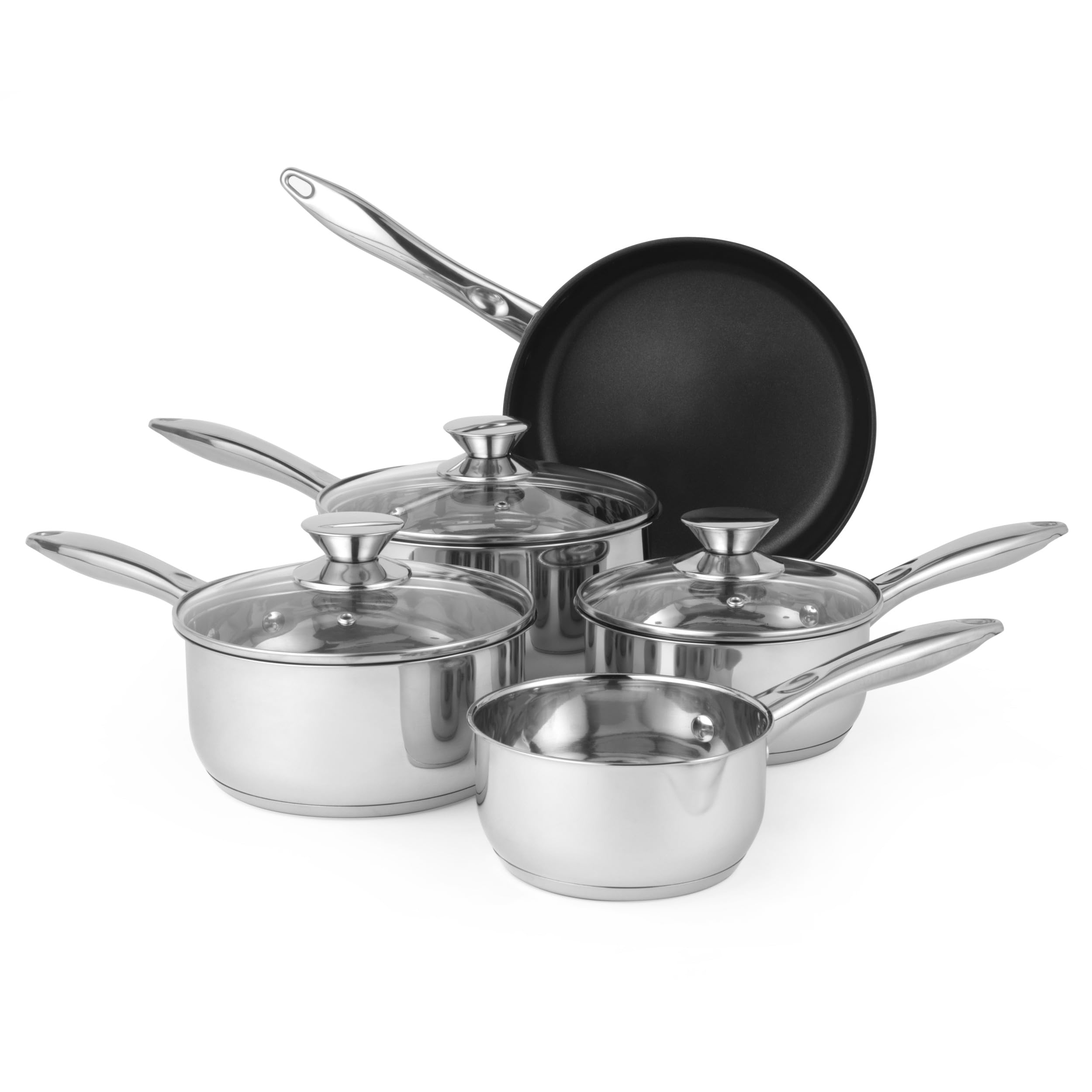 Russell Hobbs BW06572 Classic Collection 5 Piece Pan Set, 14/16/18/20/24 cm, Stainless Steel, Non-Stick, Suitable for Induction, Gas and Electric Hobs, Includes Tempered Glass Lids, 5 Year Guarantee