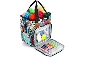 UAWSYUT Knitting Bag Yarn Storage Organizer, Portable Crochet Tote Bag with Customized Compartment for Knitting Accessories, Tote Organizer for Hook, Crocheting Kit, Knitting Needles, Yarn Ball(Leaves Style)