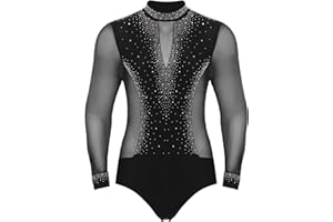 Jan Jean Men's Figure Skating Dance Costume Mesh Patchwork Ballet Bodysuit Rumba Jazz Dance Top
