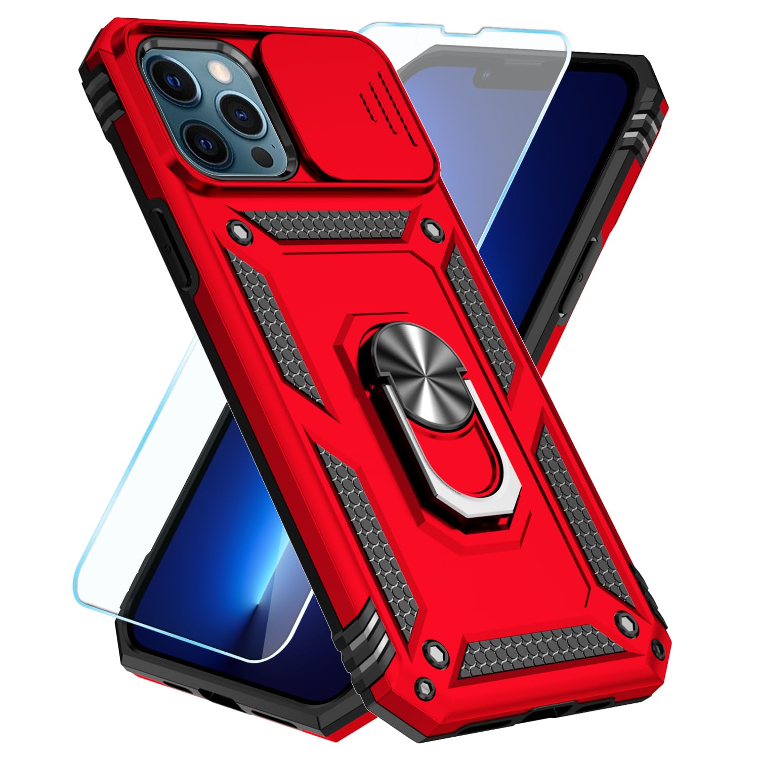 Photo 1 of SunStory Compatible with iPhone 13 Pro Max Case with HD Screen Protector & Slide Camera Cover & Rotated Ring Kickstand, [Military-Grade] Phone Case for iPhone 13 Pro Max(Red)