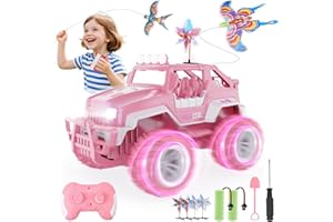 BEZGAR Remote Control Car for Girls - 1:16 Pink RC Jeep Set with 2 Mini Kites, 4 Windmills & 2 High-Capacity Rechargeable Batteries(80+ Mins Runtime), 2.4GHz RC Cars with Lights, Gifts for Kids