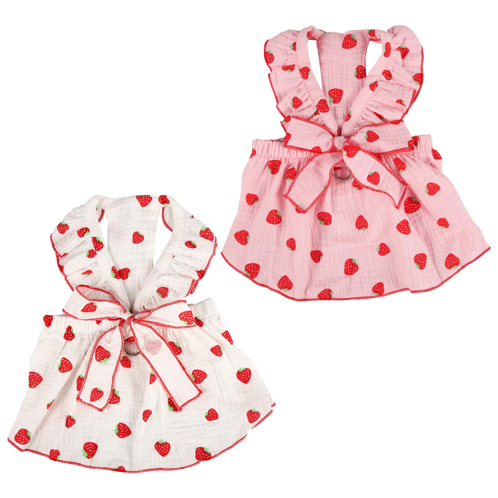 2pcs Girl Dog Dresses, Strawberry Printed Bow Decoration Girl Puppy Clothes Summer Cute Kitten Skirts Pet Dresses for Small Medium Large Dog And Cat (M)