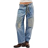 Barrel Jeans Women Trendy Low Rise Drawstring Baggy Jeans Vintage Pant Casual Wide Leg Horseshoe Demin with Pockets