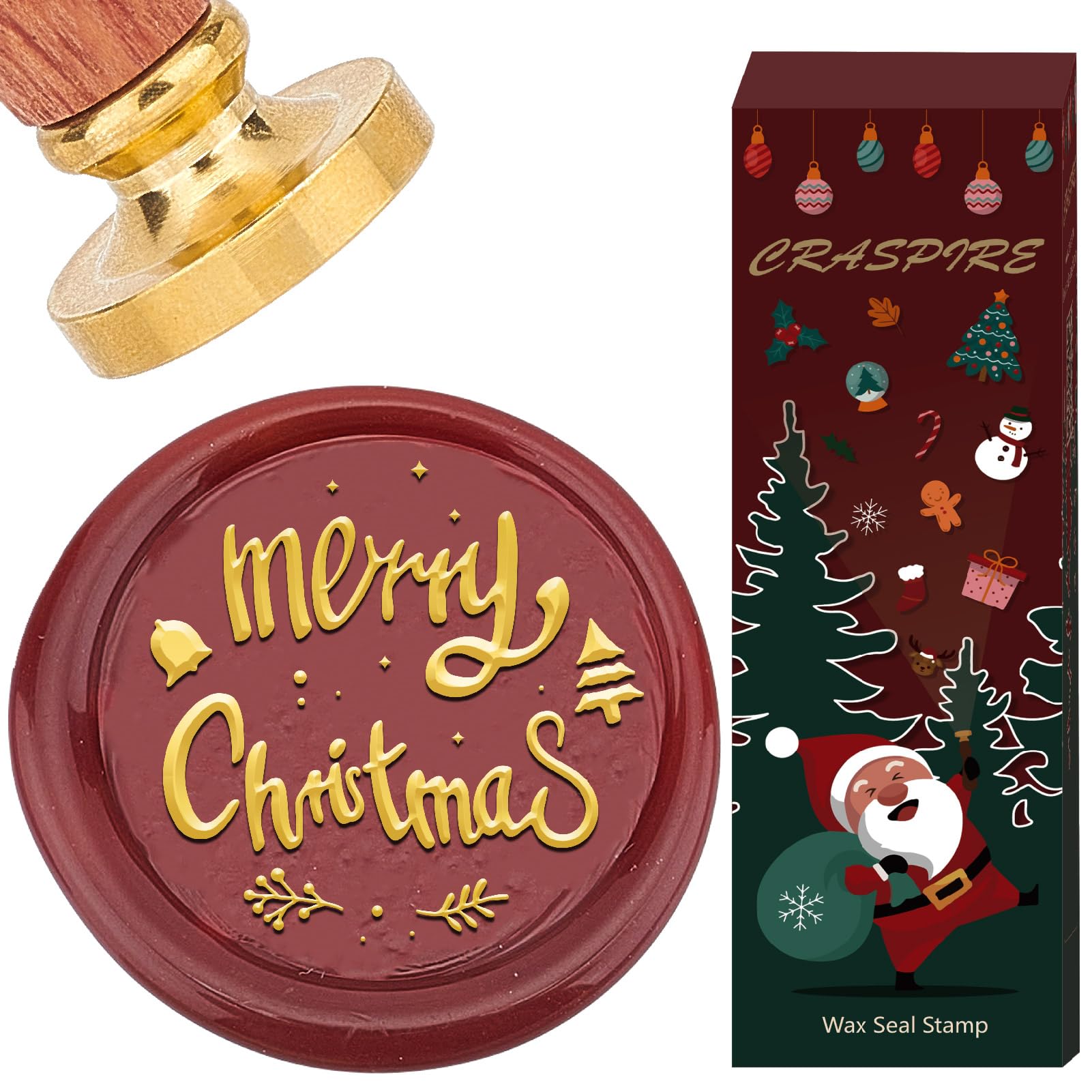 CRASPIRE Merry Christmas Wax Stamp 30mm Removable Brass Head with Vintage Retro Wooden Handle Sealing Wax Stamp for Christmas Day Party Envelopes Invitations Decoration Packing DIY Scrapbooking