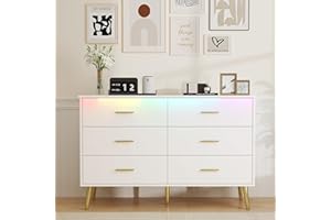 BOONATU White Dresser for Bedroom, Dressers & Chests of Drawers for Clothes Storage, Wood Dresser for Closet with 6 Drawers, Wide Long Clothes Organizer with LED Light for Hallway, Entryway, Metal Handles