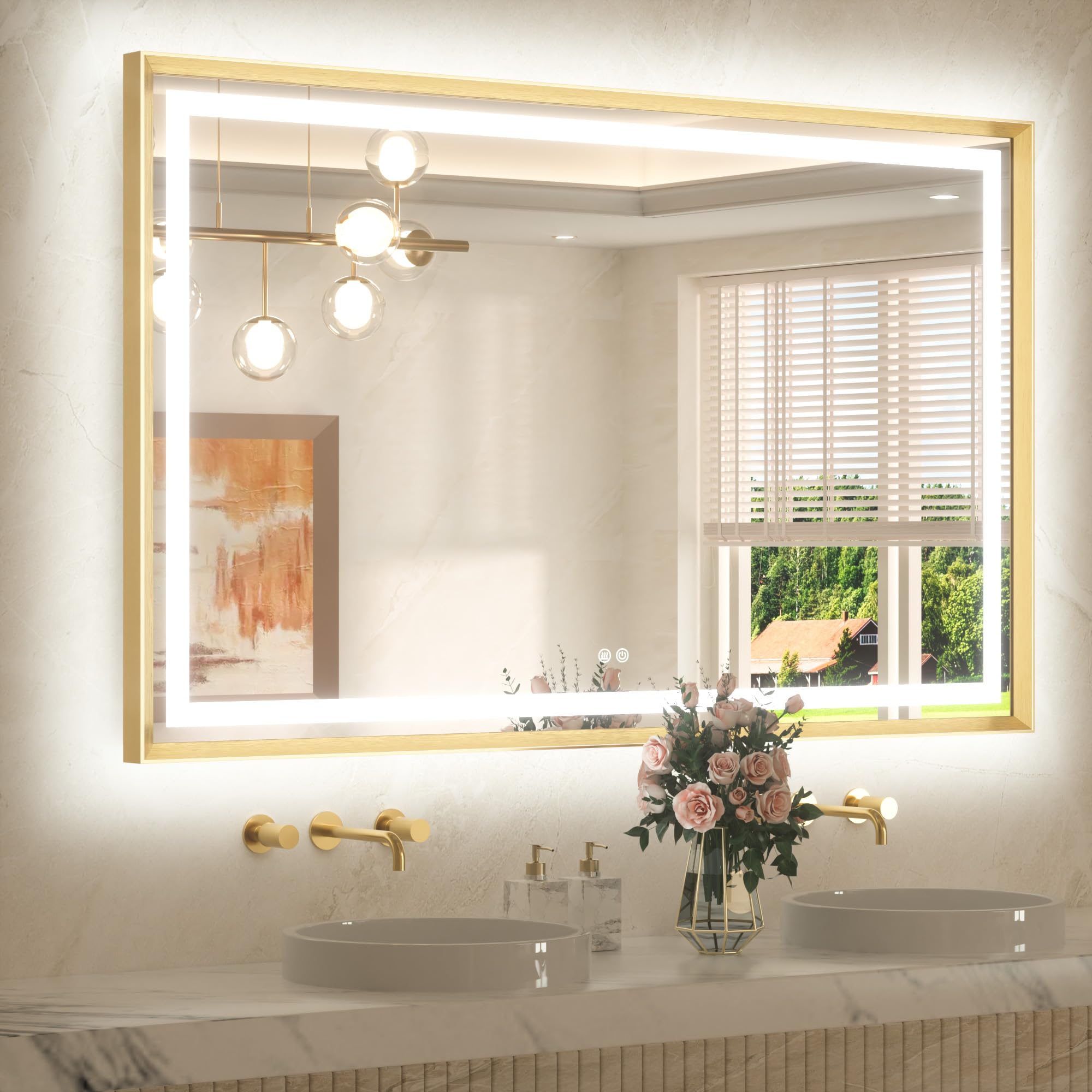 Photo 1 of TETOTE 55 x 36 Bathroom LED Mirror Brushed Gold Metal Frame Frontlit & Backlit Vanity Mirror Stepless Dimmable Anti-Fog 3 Colors White/Warm/Natural Light up Vanity Wall-Mounted