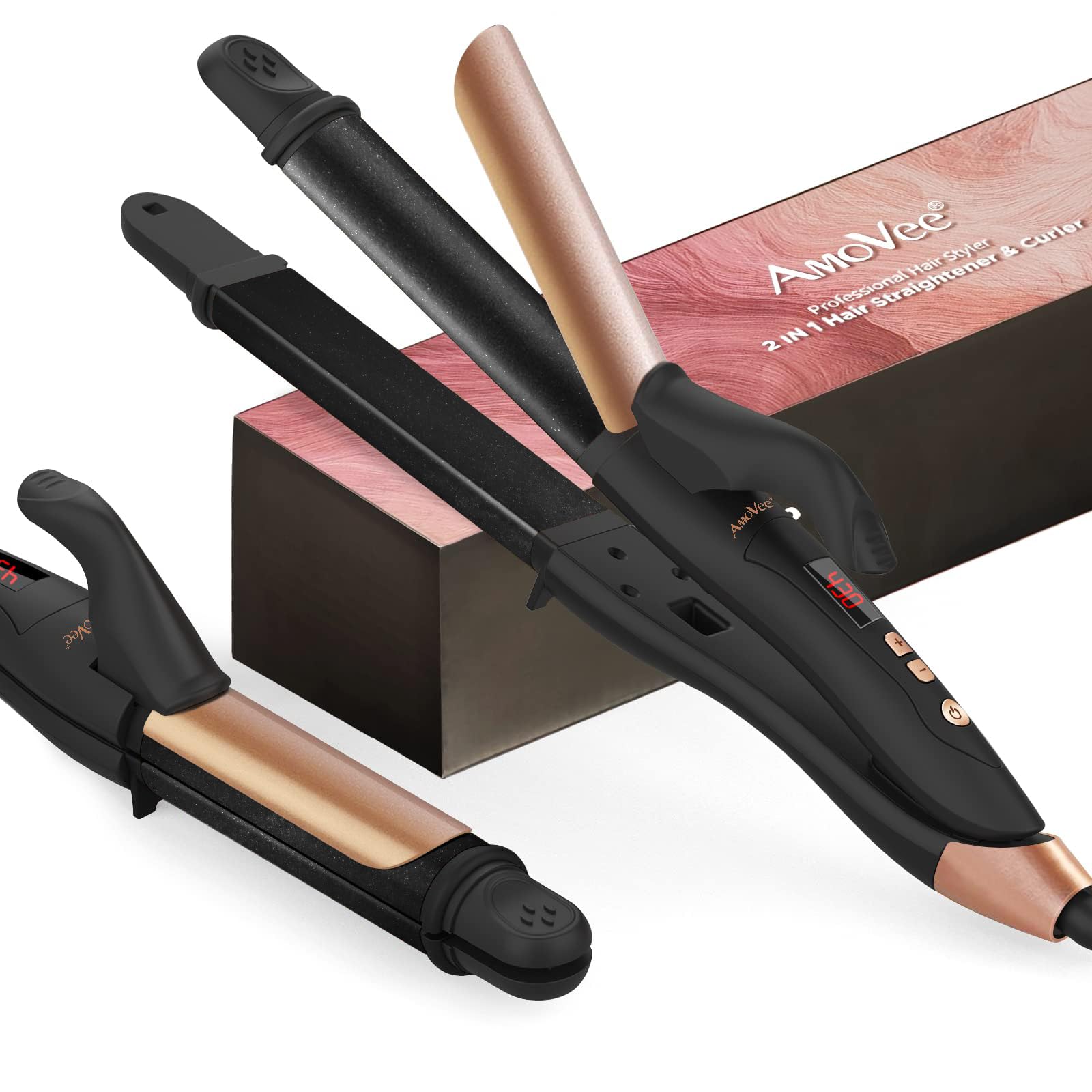 AmoVee Travel Curling Iron, 1.25 Inch Hair Straightener, 2 in 1 Flat Iron Ceramic Tourmaline, Dual Voltage, Adjustable Temp, Rose Gold