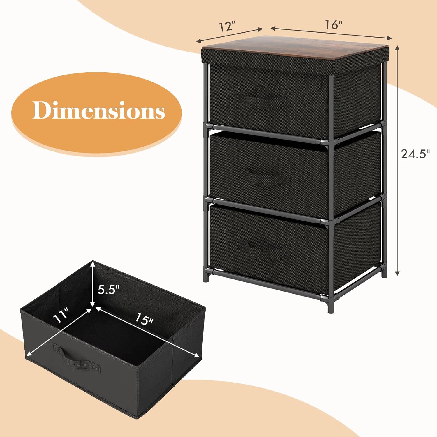 Diagram illustrating the dimensions of the COSTWAY 3-drawer storage unit, showing overall height, width, and depth, as well as internal drawer dimensions.