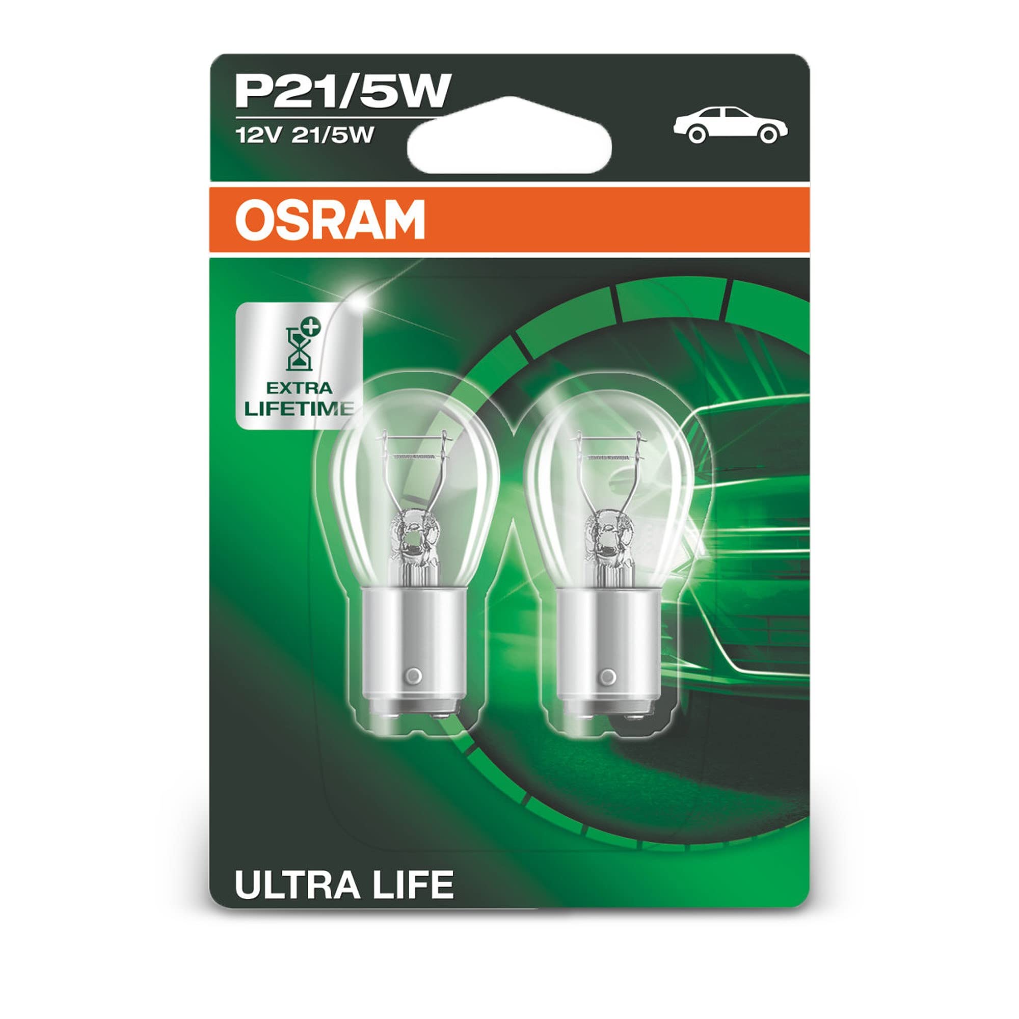 OSRAM ULTRA LIFE P21/5W halogen signal lamp, brake light, rear fog light, 7528ULT-02B, 12 V passenger car, double blister (2 units)