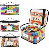 HOUYEE 3 Pack Extra Large Clear Toy Storage Bags With Zipper (Black) | Toy Organizer Bags with Name Tags and Mesh Pocket,Reusable PVC Waterproof Storage Bags for Toys, Board Games, Building Blocks