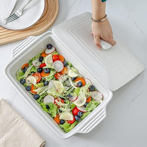 HVH Ceramic Casserole Dish with Lid Oven Safe, 9x13 Rectangular Baking  Dish, Quart, Farmhouse Style (Whi