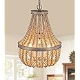 Q&S Wood Beaded Chandelier 3-Lights Rustic Antique Vintage Farmhouse Boho Pendant Light Fixtures for Nursery Baby’s Bedroom Dining Room Kitchen Entryway UL Listed