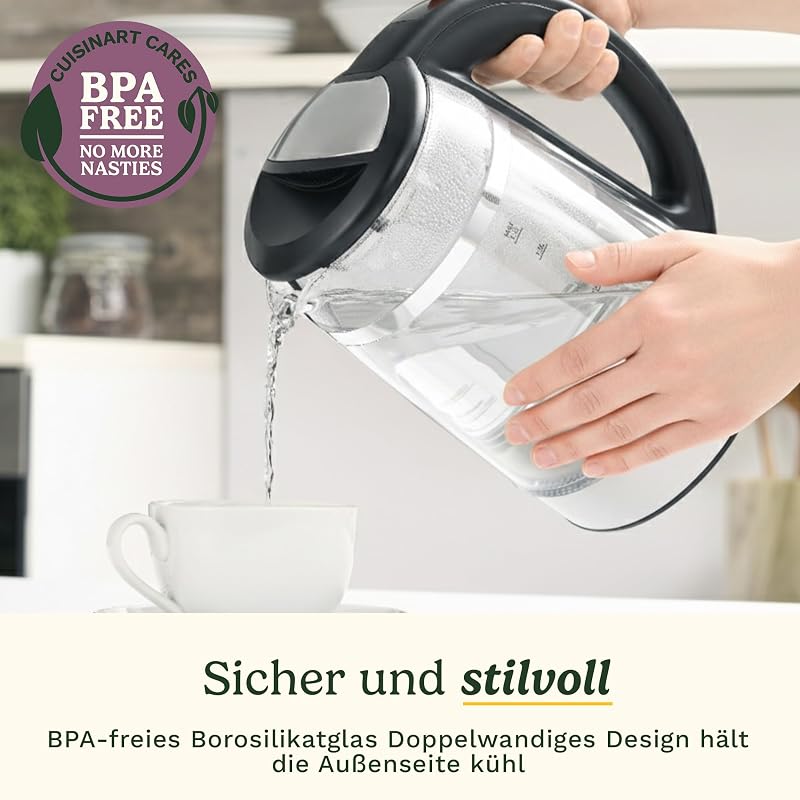 1,7L Glas-Wasserkocher mit variabler Temperaturregelung | 3KW Schnellkochfunktion | Cool-Touch | Doppelwandiges Design | BPA-frei | Tropffreier Ausguss | 360°-Drehbasis