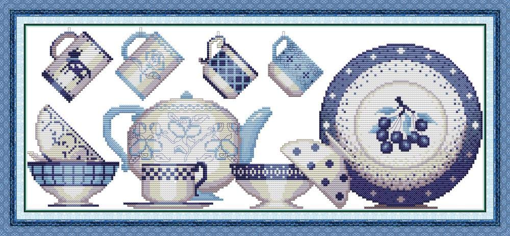 OWN4B Cross Stitch Kits Stamped, Porcelain 5 Printed Pattern 11CT 24.4x10.6 inch DIY Embroidery Kit