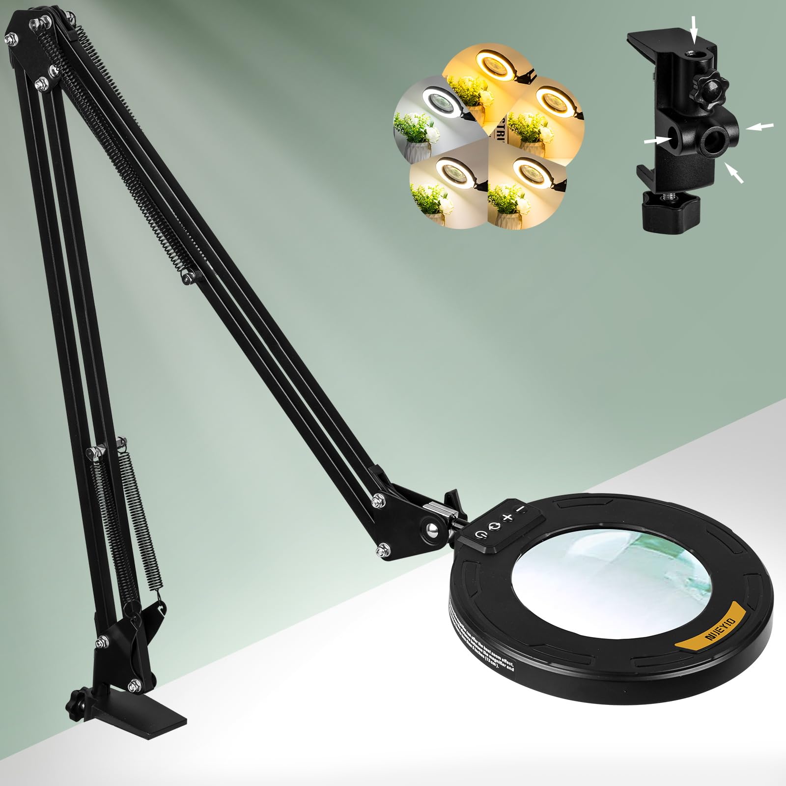Photo 1 of 12X Long Swing Arm Magnifying Glass with Light and Stand, NUEYiO 4-Way Large Strong Metal Clamp Lighted Magnifier Lamp, 5 Color Modes LED Magnifying Lamp for Workbench, Crafting, Hobby