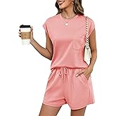 LOMON Two Piece Shorts Sets for Women Vacation Trendy Lounge Sets Crew Neck Matching Sets Cap Sleeve Airport Suits