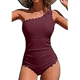 Charmo One Shoulder One Piece Swimsuit Women Ribbed Scalloped Bathing Suit Cutout 1 Piece Slimming Full Coverage Swim Suit
