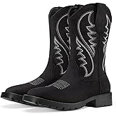 Rollda Cowboy Boots for Men Western Boots Men's Square Toe Chunky Heel Mid-Calf Boots Classic Embroidered Pull On Boots