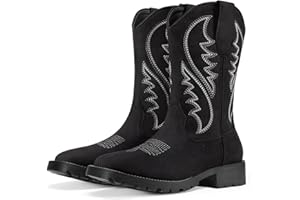 Rollda Cowboy Boots for Men Western Boots Men's Square Toe Chunky Heel Mid-Calf Boots Classic Embroidered Pull On Boots