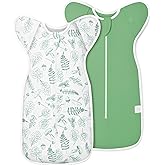 ANYEDDE 2-Pack Newborn Swaddle Sleep Sack - Baby Transitional Swaddle Sack 0-3 Months, Arms Up Swaddles with Cuff Removable Design, Green Leaves, 100% Cotton Newborn Sacks