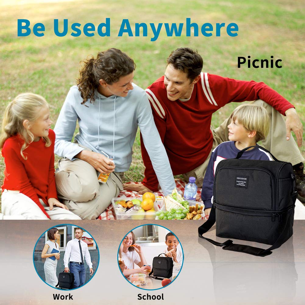 Lunch Bag Insulated Lunch Box, 2 Compartment Leakproof Cooler Tote Bag with Sturdy YKK Zippers for Men,Women,Kids, Thermal Lunch Food Bag for Office Picnic Travel School - Black