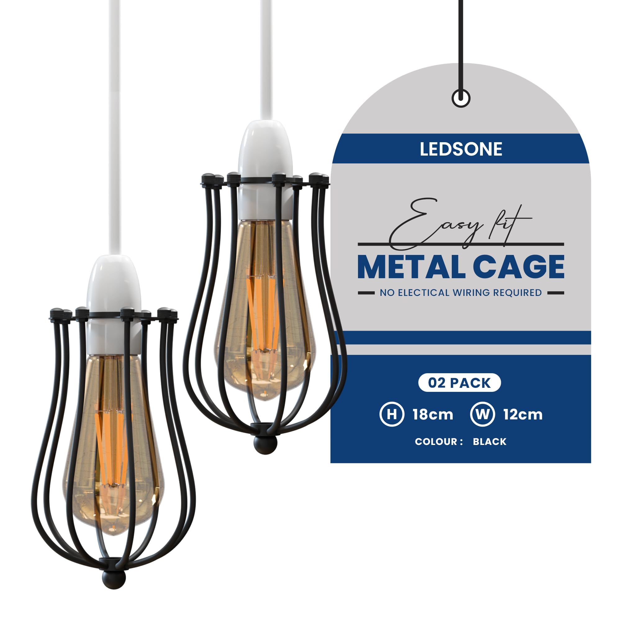 Modern Vintage Industrial Black Metal Wire Cage Loft Pendant Lamp Ceiling Light Shade Retro Small Hanging Lighting Fixture E27 Socket (2 Pack)