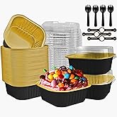 OBXMLFY Mini Cake Pans With Lids And Spoons 10 oz 50 Pack Individual Small Cake Aluminum Foil Pans Disposable Square Mini Brownie Baking Cupcake Liners Muffin Tin tins (Black, 10oz)