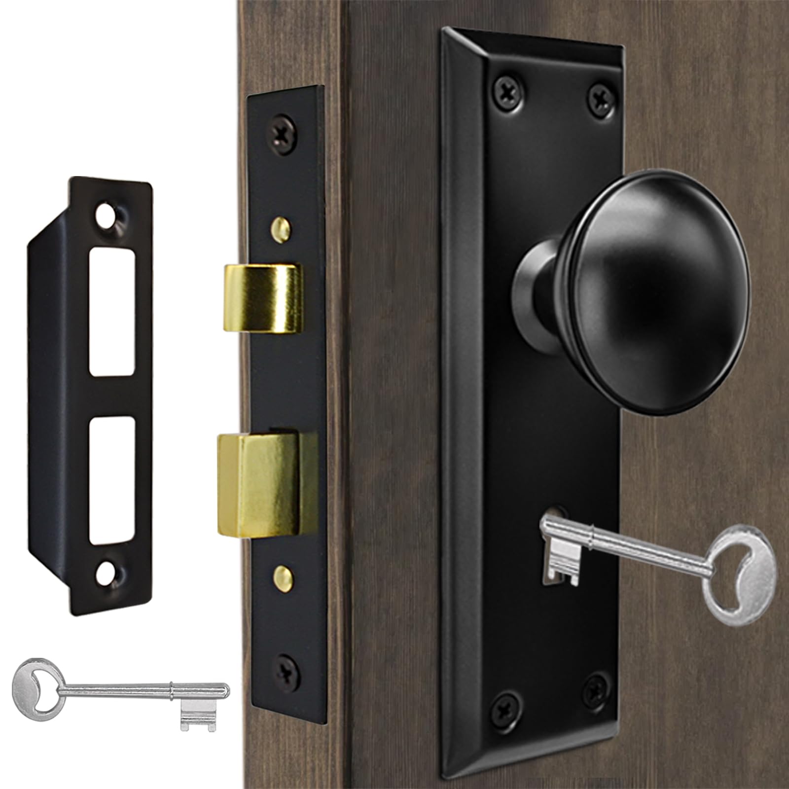 Photo 1 of ***PARTIAL SET***Antique Interior Door Knobs Mortise Lock Set with Skeleton Key Locks, Vintage Door Hardware Parts Fit 1-3/8" -1-3/4" Thick Doors, 2-3/8" Backset, Reversible Latch, Matte Black, 4 Pack