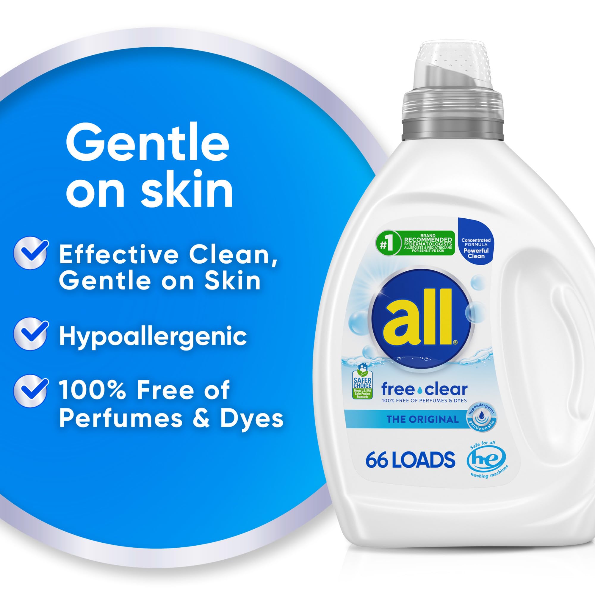 all free clear, Original, Liquid Laundry Detergent for Sensitive Skin, Unscented and Hypoallergenic, Concentrated, 50oz, 64 Loads