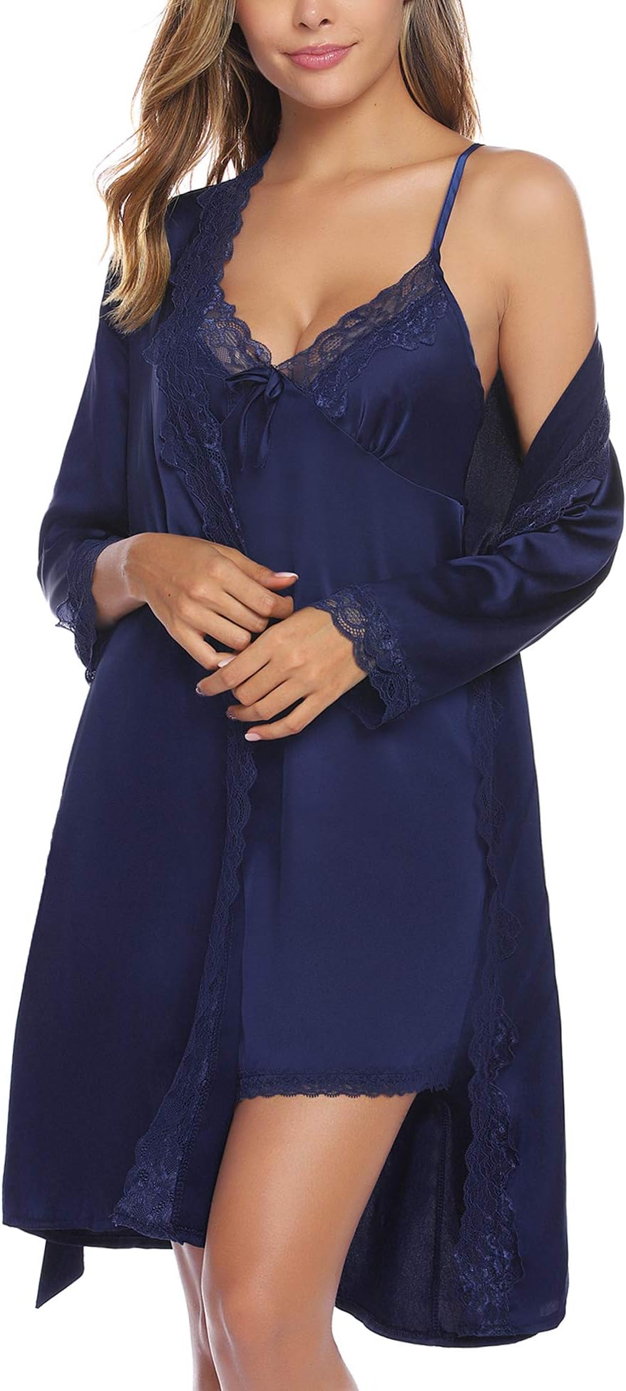 Sexy Satin Robes for Women Lace Pajamas Set 2 Piece Sleepwear Ladies Lingerie Nightgown for Bride Party