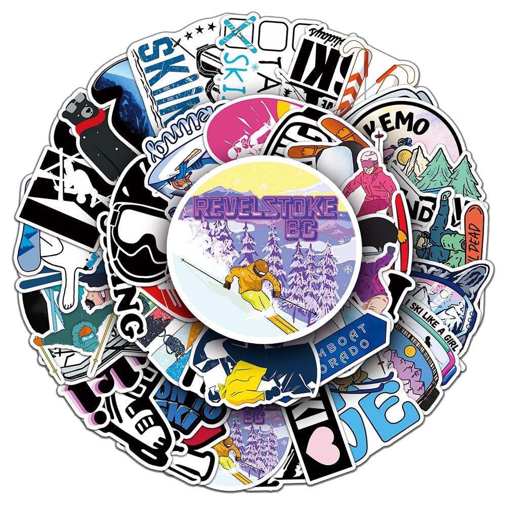 Playful Skiing Vinyl Stickers, 50 PCS Waterproof Sports Decals for Laptops, Scrapbooking, Journals, Notebooks, Water Bottles, Suitcases, Phones & DIY Decor