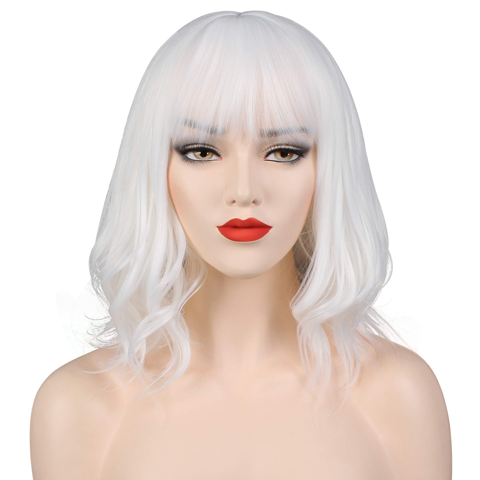 OKVGO Short Curly Bob Wig with Wig Cap for Women Cosplay Party and Daily Use White