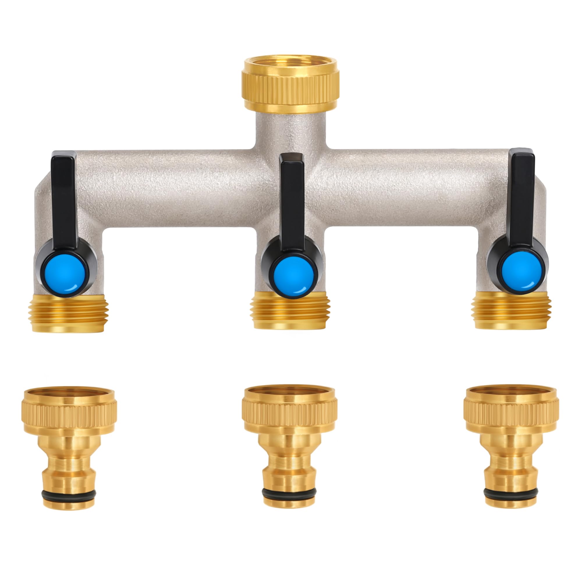 OPERMAXER 3-Way Tap Water Distributor, Extended Handle, 3/4 Inch Brass Water Connection Distributor with Individual Shut-off Valves, 3 Distributor 3/4 Inch Adapter 1/2 Inch for Appliances/Garden Hoses