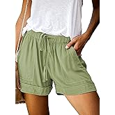 Basoteeuo Womens Shorts Summer Comfy Cotton Elastic Waist Drawstring Casual Shorts with Pockets