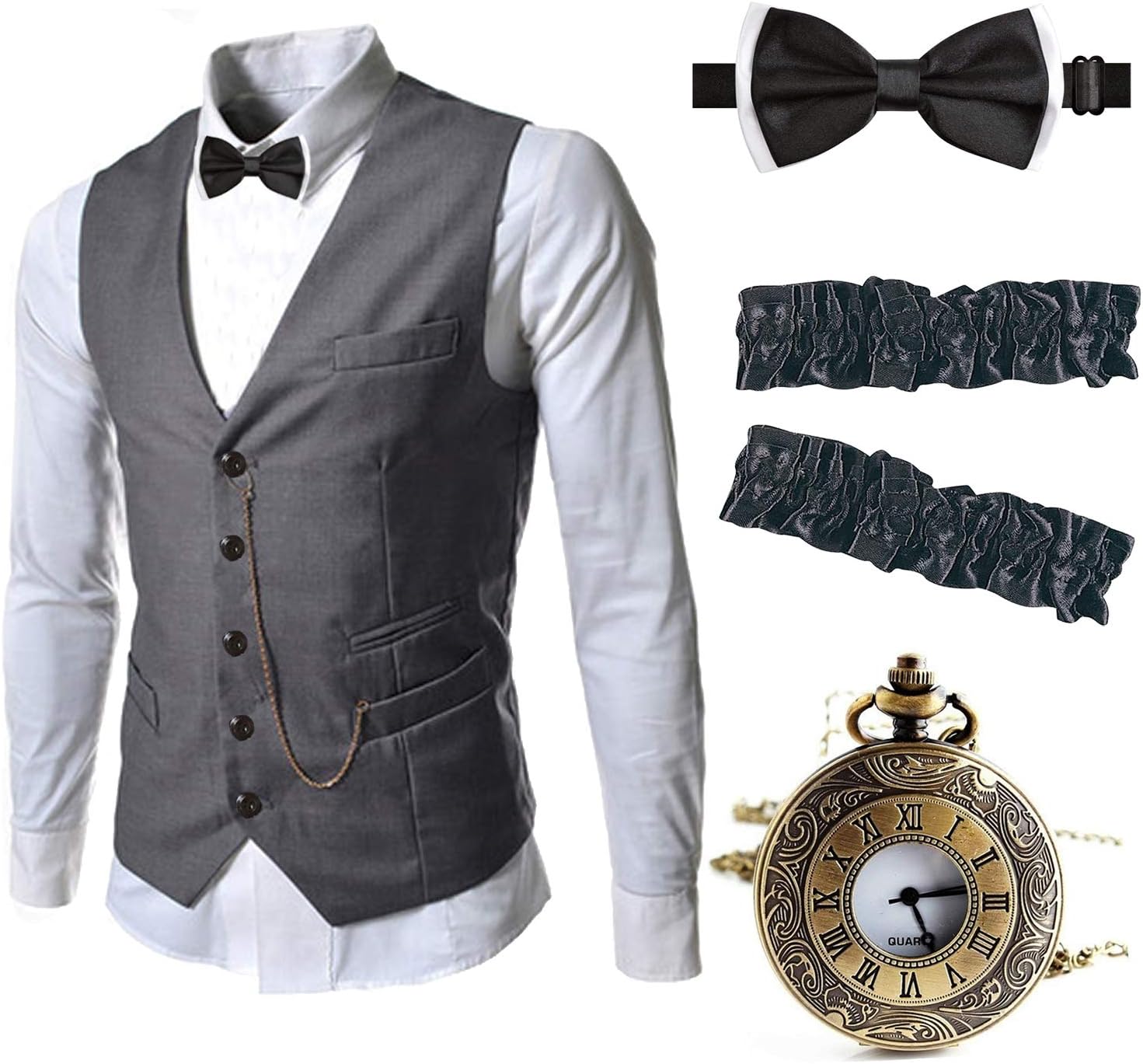 EFORLED Mens 1920s Accessories Gangster Vest Set - Pocket Watch,Armbands,Pre Tied Bow Tie
