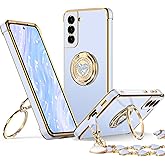 XYZ for Galaxy S21 Case with Stand, Samsung S21 Case with Double Ring, Women Girls Bling Luxury Protective Phone Case Heart for Samsung Galaxy S21, Blue