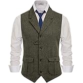 PJ PAUL JONES Mens Western Herringbone Suit Vest Tweed Wool Blend Slim Fit Waistcoat