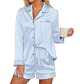 Ekouaer Satin Pajama Set for Women Button Down Pj Set Long Sleeve Top and Shorts 2 Piece Loungewear Summer Soft Sleepwear