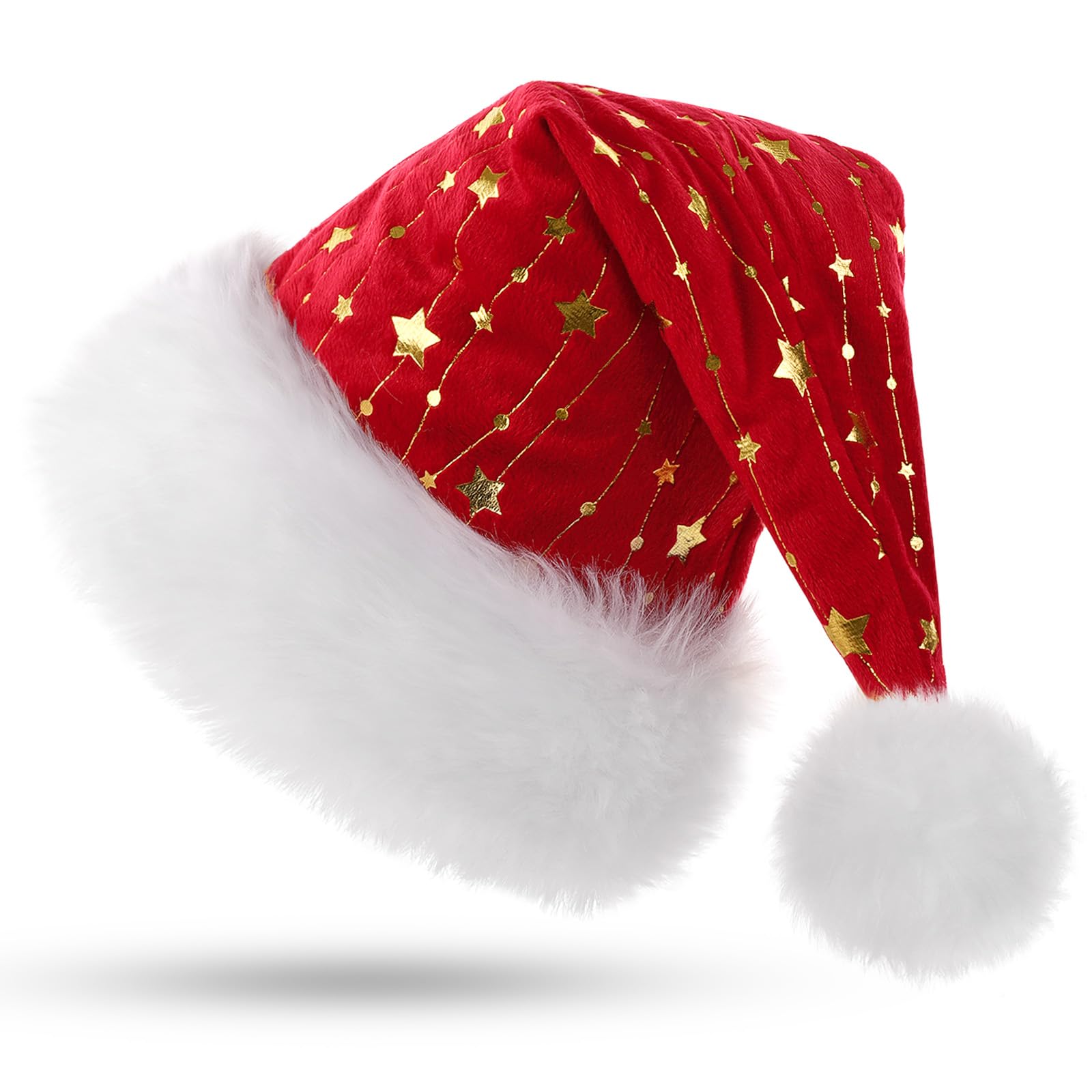 KONVINIT Red Santa Hat for Adults,Fluffy Christmas Hat with Gold Stars,Warm Large Xmas Hat for Men and Women,red — image 1