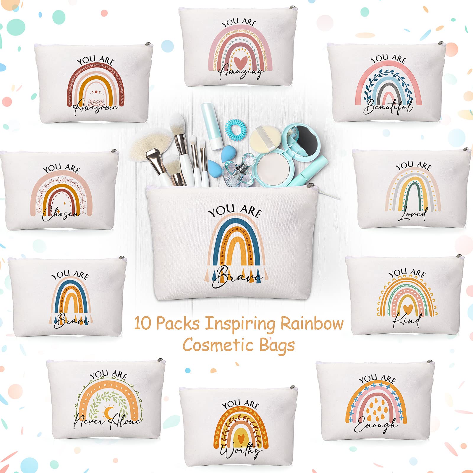 Coume 10 Pcs Rainbow Canvas Makeup Bags Bulk Inspirational Quotes Cosmetic Zipper Personalized Encouragement Travel Pouch Toiletry Bag for Women Girls Teacher Friend Birthday