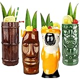 Tiki Mugs Cocktail Set of 4 - Large Ceramic Hawaiian Party Mugs Drinkware, Cute Exotic Cocktail Glasses, Tiki Bar Professiona
