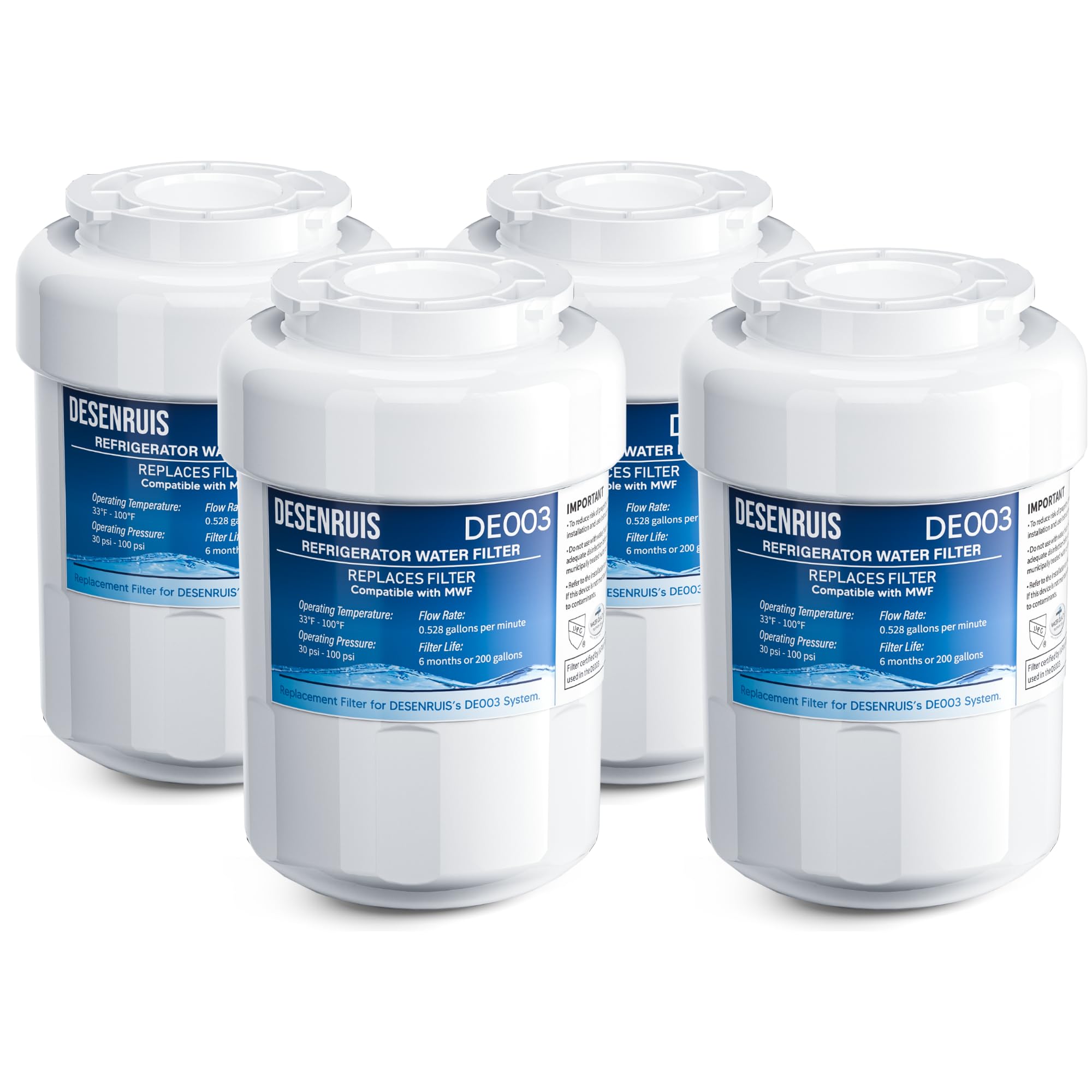 Photo 1 of Water Filter Replacement Compatible with GE MWF, SmartWater MWFP, MWFA, GWF, HDX FMG-1, WFC1201, RWF1060, 197D6321P006, Kenmore 9991, Pack of 4, By DESENRUIS