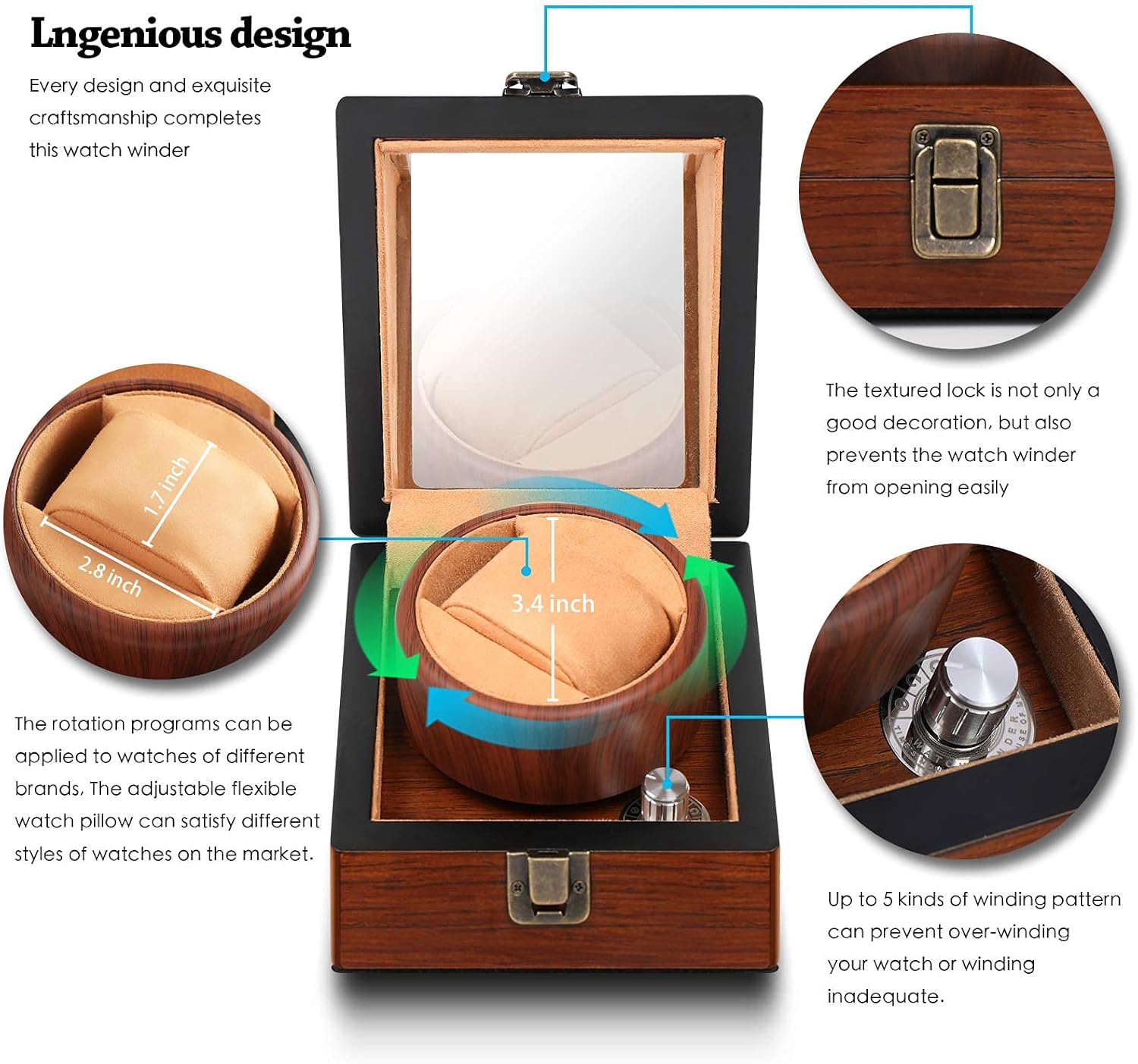Wooden Watch Winder for Automatic Watches with Lock Super Quiet Motor Watch Winder Box Single: Sen Moer: Watches