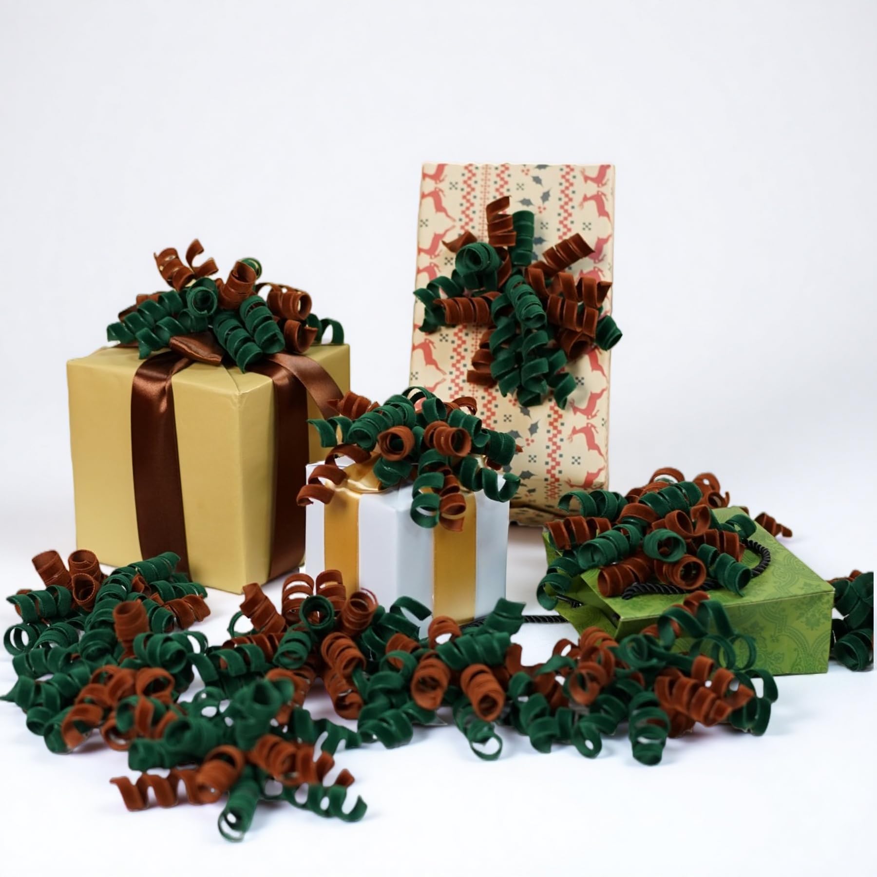 Photo 1 of 12 PCS Christmas Gift Wrapping Velvet Curly Bows Self Adhesive Ribbon Bows for Gift Wrapping, Presents, Paper Bag, Treat Bags, Wedding, Wine Bottles, Thanksgiving Party Holiday Decor (Green and brown)