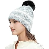 Fiarbrty Women‘s Slouchy Knitted Beanie with Pom - Fleece Lined, Ribbed Cap with Stripes