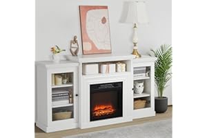 WARMTOBABY White Farmhouse Fireplace TV Stand with 3-D Real Flame Electric Fireplace for 65/75 inch TV, 31" Tall Highboy Entertainment Center, TV Console with 2 Glass Doors & Open Shelf for Living Room