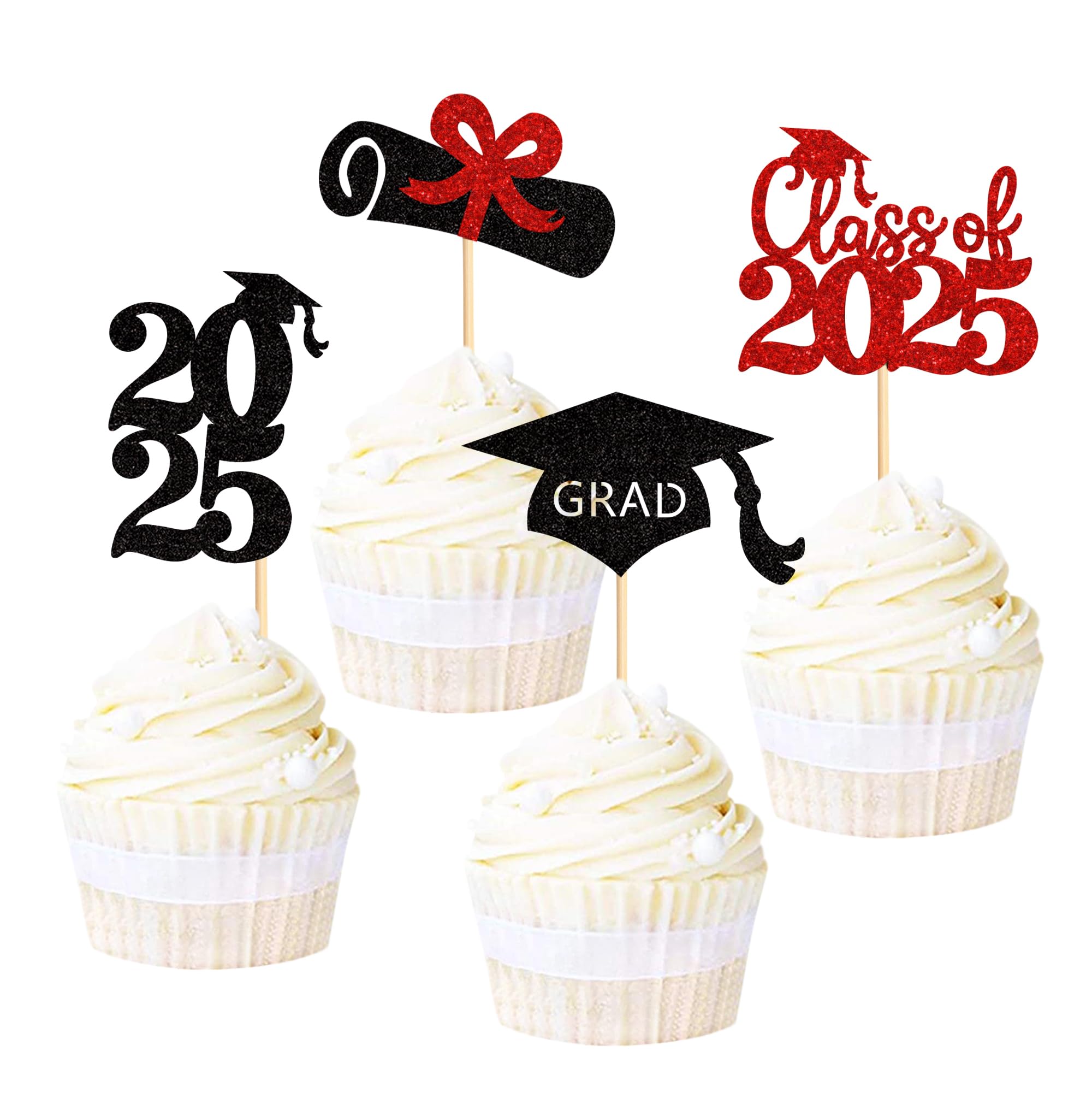 Photo 1 of Ercadio 48 Pack 2025 Graduation Cupcake Toppers Black Red Glitter Grad Cap Diploma Class of 2025 Cupcake Picks for 2025 Graduation Theme Party Cake Decorations Supplies